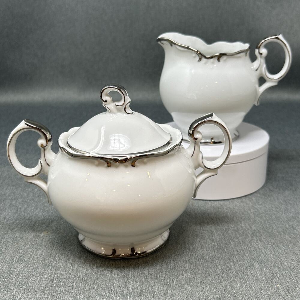 Fashion Manor Elegant Sugar Creamer White Silver Trim Fine China Marlton Japan